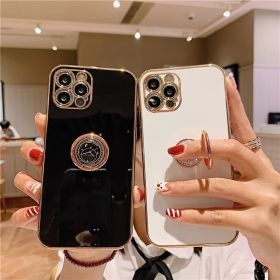 Luxury Plated Ring Bracket Shockproof Phone Case For IPhone 14 Pro Max/13 Pro/12/11/Xs Max/XR/X/8/7 Plus (Color: Black)