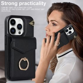 Leather Case With Card Holder; 360Â° Rotation Ring Stand Protective Case Compatible With IPhone 14 IPhone 14 Pro (Color: Black)